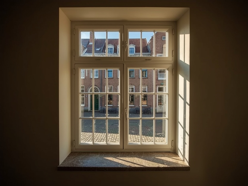 Interieur Maastrichts koopmanshuis met uitzicht door kozijnen op Rechtstraat