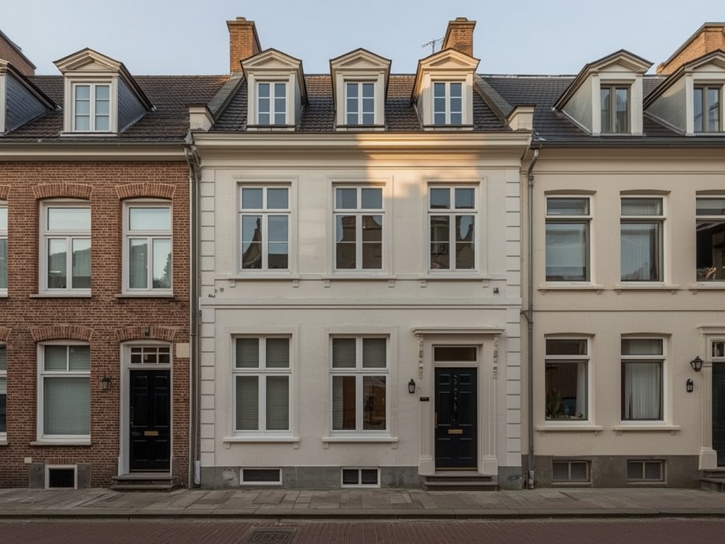 Huis met wit geschilderde gevel en nieuw geplaatste witte kunststof kozijnen in Kerkrade