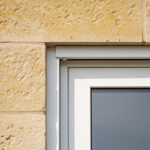 Detailopname wit kunststof kozijn ingewerkt in mergelstenen gevel woning Valkenburg