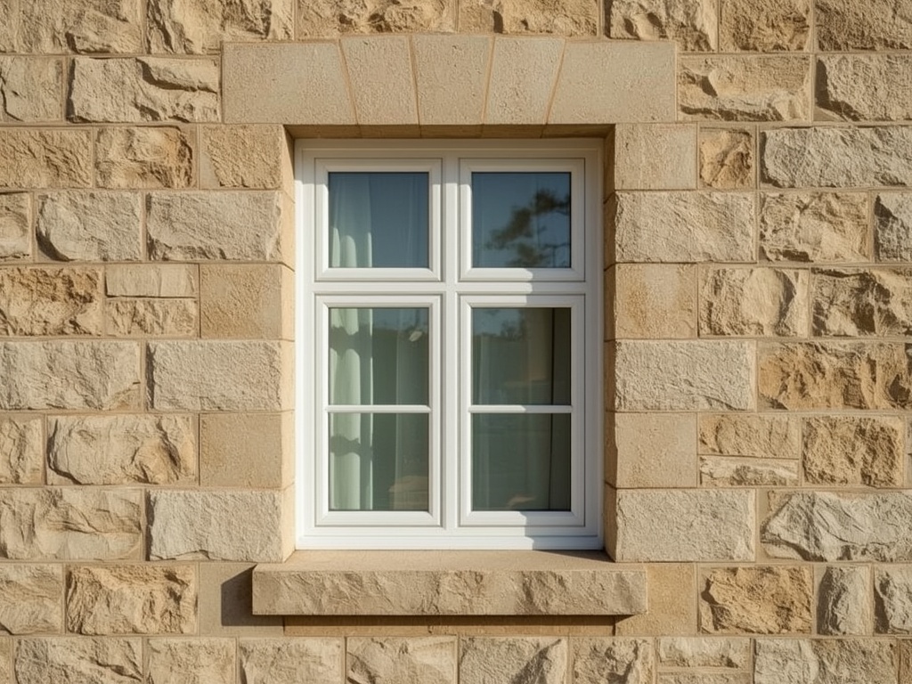 Detailopname wit kunststof kozijn in karakteristieke mergelgevel in Meerssen