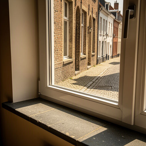 Woonkamer in woning Meerssen met uitzicht door kunststof kozijnen naar de Markt