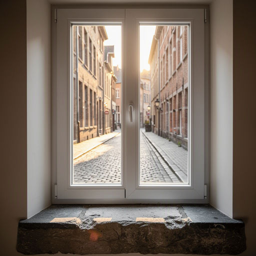 Interieur Heerlens koopmanshuis met uitzicht door kozijnen op de Bongerd