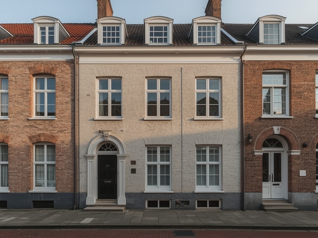 Mergelstenen stadspand in Maastricht Wyck met nieuwe witte kunststof kozijnen in de gevel